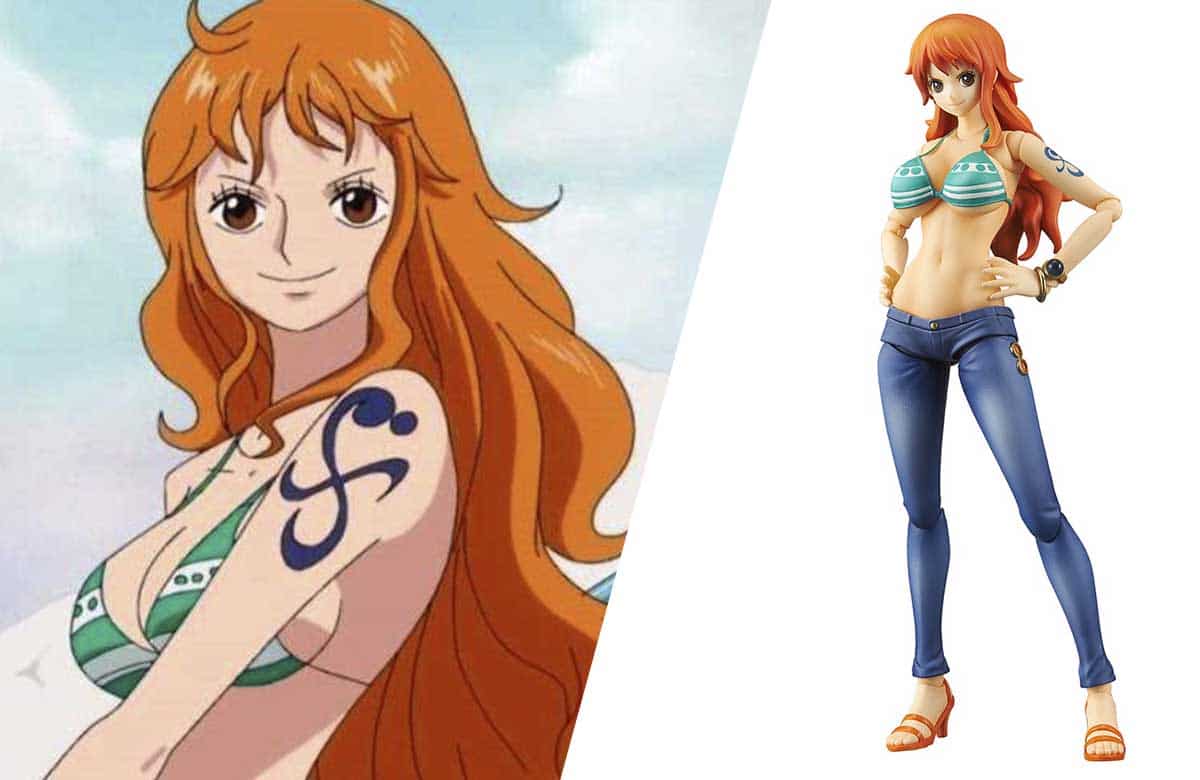 Nami en el anime junto a una imagen de una figura de One Piece