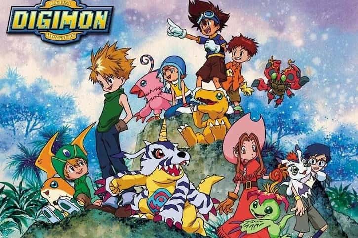 Ilustración a color de Digimon con Taichi y sus amigos rodeados de Digimon